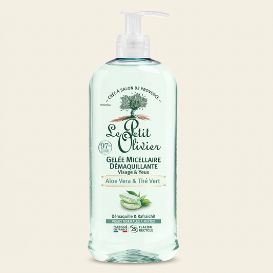 Gel Micelar Desmaquillante Aloe Vera y Té Verde 400 ml con fondo marfil
