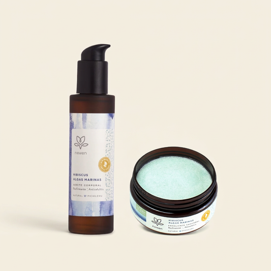 Pack Reafirmante y Anticelulitis, exfoliante y aceite corporal, con fondo marfil
